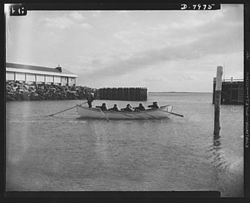Manhattan Beach Coast Guard training station. Boat drill at Manhattan Coast Guard training station. Enlistees are taught how to handle all kinds of small craft, including the quick launching of lifeboats of every type