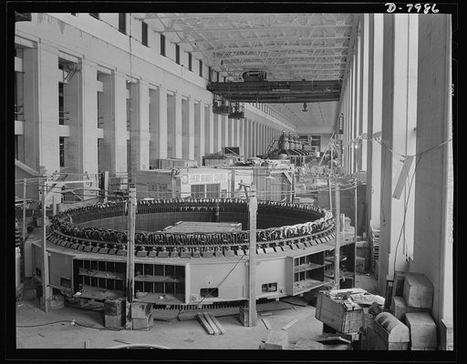 Tennessee Valley Authority. Wilson Dam hydroelectric plant construction. A partly completed stator for one of the generator units at a new addition to the TVA's hydroelectric plant at Wilson Dam. Located near Sheffield, Alabama, 260 miles above the mouth of the Tennessee River, the dam has an author