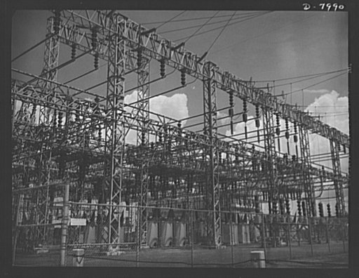 Tennessee Valley Authority. Section of one of the switchyards from which high-tension lines carry generated at the TVA's hydroelectric plant at Wilson Dam. Located near Sheffield, Alabama, 260 miles above the mouth of the Tennessee River, the dam has an authorized power installation of 288,000 kilow