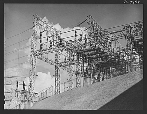 Tennessee Valley Authority. Section of one of the switchyards from which high-tension lines carry generated at the TVA's hydroelectric plant at Wilson Dam. Located near Sheffield, Alabama, 260 miles above the mouth of the Tennessee River, the dam has an authorized power installation of 288,000 kilow