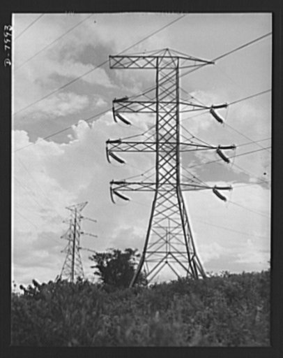 Tennessee Valley Authority. Transmission line towers and high-tension lines that carry current generated at the TVA's hydroelectric plant at Wilson Dam. Located near Sheffield, Alabama, 260 miles above the mouth of the Tennessee River, the dam has an authorized power installation of 288,000 kilowatt