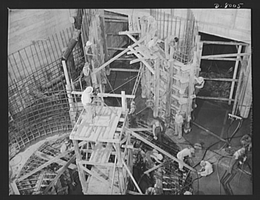 Tennessee Valley Authority. Construction activities on a new generating unit in the new addition to TVA's hydroelectric plant at Wilson Dam. The walls and a portion of the intake can be seen. Located near Sheffield, Alabama, 260 miles above the mouth of the Tennessee River, the dam had an authorized