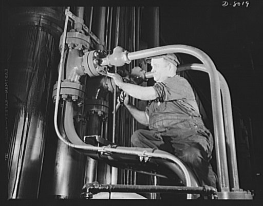 Production. Steam power plant equipment. Repairing a hydraulic line on a 6,000-ton press used to form parts for high-pressure boilers. Steam boilers and other power-house equipment to supplement the hydroelectric installations of the Tennessee Valley Authority (TVA) system are produced in the large 