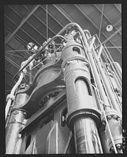 Production. Steam power plant equipment. Cylinder and piston of a 6,000-ton hydraulic press used to form parts for high-pressure boilers. Steam boilers and other power-house equipment to supplement the hydroelectric installations of the Tennessee Valley Authority (TVA) system are produced in the lar