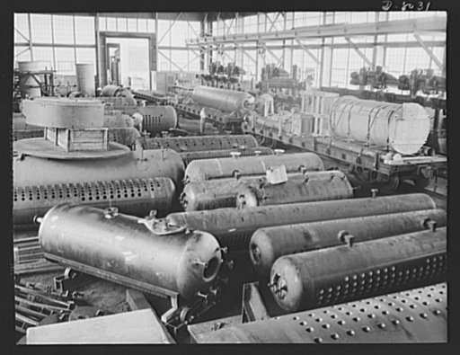 Production. Steam power plant equipment. Looking down a drilling and finishing bay of a plant engaged in the production of high-pressure boilers. Steam boilers and other power-house equipment to supplement the hydroelectric installations of the Tennessee Valley Authority (TVA) system are produced in