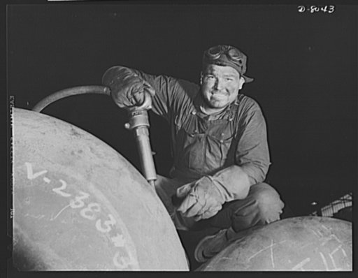 Production. Steam power plant equipment. A workman with a large chipping hammer prepares to cut away excess metal in a girth seam of a high-pressure boiler drum. Steam boilers and other power-house equipment to supplement the hydroelectric installations of the Tennessee Valley Authority (TVA) system