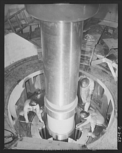 Tennessee Valley Authority. Watts Bar Dam hydroelectric plant. Checking the alignment of a turbine shaft at the top of the guide bearing in TVA's hydroelectric plant at Watts Bar Dam on the Tennessee River. Located 530 miles above the mouth of the Tennessee River, the dam has an authorized power ins