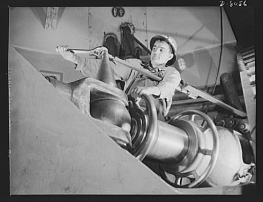 Tennessee Valley Authority. Watts Bar Dam hydroelectric plant. Tightening a nut on a guide vane operating servomotor in TVA's hydroelectric plant at Watts Bar Dam on the Tennessee River. Located 530 miles above the mouth of the Tennessee River, the dam has an authorized power installation of 90,000 