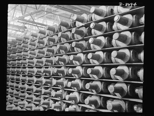 Production. Airplane propellers. Two-way spider forgings for Hamilton airplane propellers in the rough store department of a Hartford, Connecticut, plant. After precision machining these spiders will hold a two-blade propeller assembly in the hydromatic mechanism that controls the blade pitch during