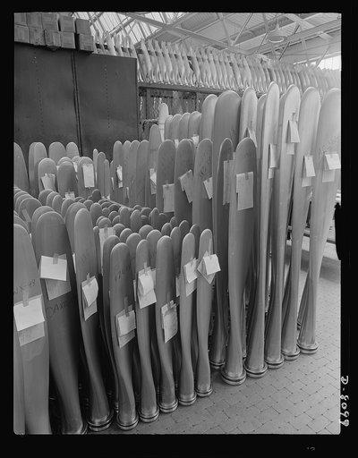 Production. Airplane propellers. Propeller blades that will soon be driving American warplanes are stored after final dimensional inspections at a Hartford, Connecticut, plant. The various blades will later be mounted, in sets of two, three, and four in the mechanism that will permit adjustment of p