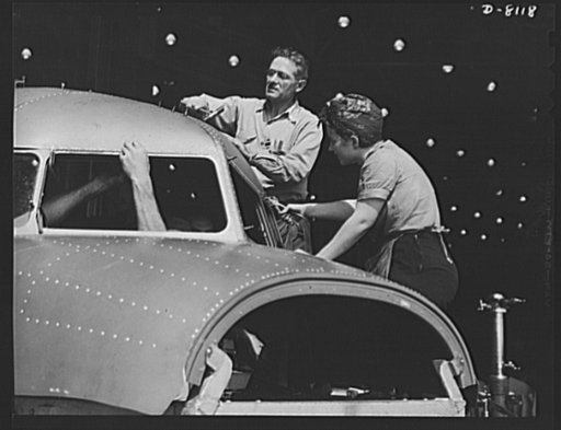 Production. C-47 transport planes. The nose of a C-47 transport plane takes shape under the expert hands of men and women workers at the Long Beach, California, plant of Douglas Aircraft Company. The versatile C-47 performs many important tasks for the Army. It ferries men and cargo across the ocean