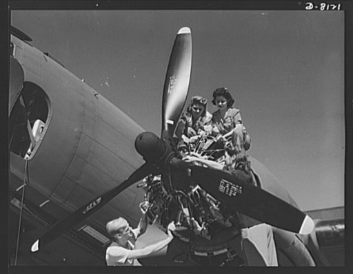 Production. C-47 transport planes. These women mechanics at the Long Beach, California, plant of Douglas Aircraft Company are learning some of the fine points of the mighty engines that power the C-47 transport plane. The versatile C-47 performs many important tasks for the Army. It ferries men and 