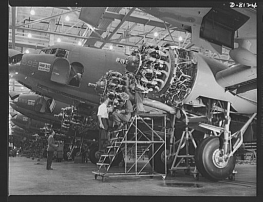 Production. C-47 transport planes. Close spacing on the Douglas assembly lines at Long Beach, California, is the order of the day as production of C-47 transports and other warplanes hits a new high. The versatile C-47 performs many important tasks for the Army. It ferries men and cargo across the o