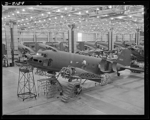 Production. C-47 transport planes. A long line of C-47 transport planes awaits the installation of wings at the Long Beach, California, plant of Douglas Aircraft Company. The versatile C-47 performs many important tasks for the Army. It ferries men and cargo across oceans and mountains, tows gliders