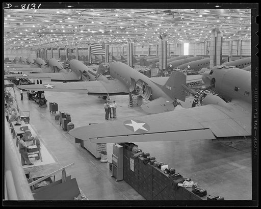 Production. C-47 transport planes. Great numbers of C-47 transport planes move along the assembly lines at the Douglas Aircraft Company plant at Long Beach, California. The versatile C-47 performs many important tasks for the Army. It ferries men and cargo across oceans and mountains, tows gliders a