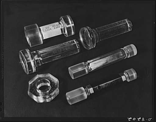 Conservation. Glass gauges replacing steel. Glass gauges of various types are replacing steel gauges at the Frankford Arsenal. Left, top to bottom: double-end gauge, "go" plug gauge, ring gauge. Right, top to bottom: "not go" plug gauge, double and solid-handle plug gauge, double-end taper-lock stan