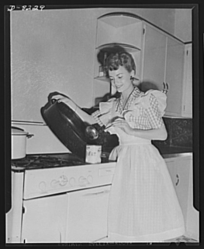 Six stages of fat salvage. Save a little fat from the roasting pan, as movie star Janet Blair is doing. When edible fats should give all possible nutrition before salvage, just a little can be taken from the pan before gravy is made. To meet war needs each housewife must save one tablespoonful of wa