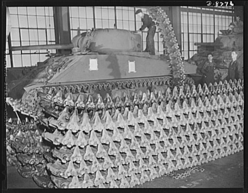 Production. M-4 tanks. Treads for M-4 tanks awaiting installation as the powerful mobile forts roll down the production lines of the American Locomotive Company in Schenectady, New York