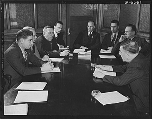 American Locomotive labor-management committee. Labor-management committee meeting at American Locomotive Company, Schenectady, New York. Left to right, C. Hallenback (labor), F. Hughes (labor), J. Smith (labor), W.A. Pettigrew (stenographer), D.W. Cameron (chairman of committee), G. Mabee (manageme