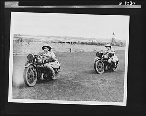 British women dispatch riders. South African girls who went to England to join the "First Aid Nursing Yeomanry" learn stunt riding to give them balance and confidence in handling their machines. They are members of a dispatch riding section