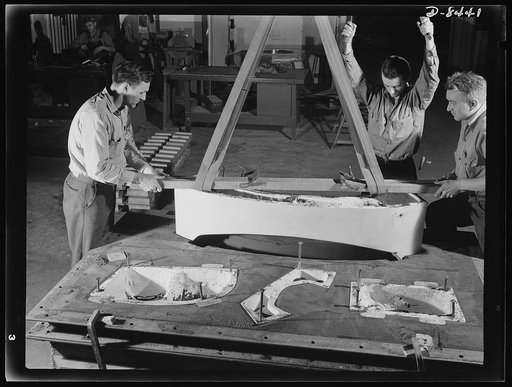 Production. B-17 heavy bomber. Pulling a plaster pattern from a mold for a land die to be used in forming parts for B-17F (Flying Fortress) bombers in Boeing's Seattle Plant. The Flying Fortress has performed with great credit in the South Pacific, over Germany and elsewhere. It is a four-engine, he