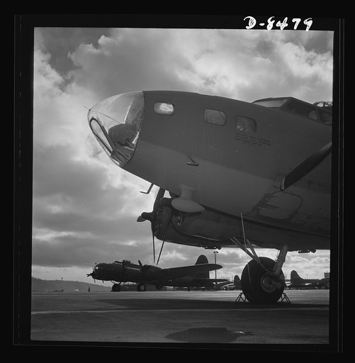 Production. B-17 heavy bomber. The bombardier's compartment in the nose of a new B-17F (Flying Fortress) bomber shows up clearly, as the huge warship of the air awaits it flight tests at Boeing's Seattle plant. The  Flying Fortress has performed with great credit in the South Pacific, over Germany a