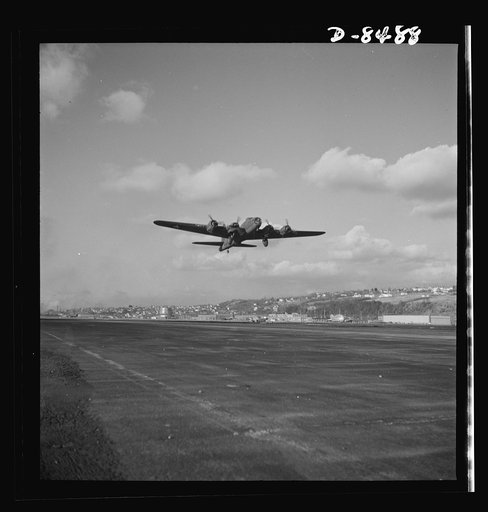 Production. B-17 heavy bomber. Another mighty B-17F (Flying Fortress) bomber sets out on a test flight from the airfield of Boeing's Seattle plant. The Flying Fortress has performed with great credit in the South Pacific, over Germany and elsewhere. It is a four-engine heavy bomber capable of flying