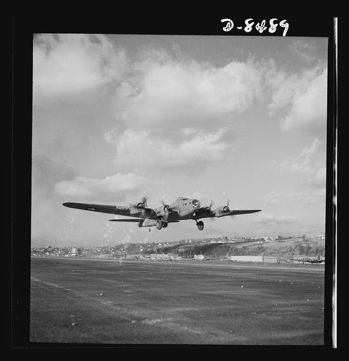Production. B-17 heavy bomber. Another mighty B-17F (Flying Fortress) bomber sets out on a test flight from the airfield of Boeing's Seattle plant. The Flying Fortress has performed with great credit in the South Pacific, over Germany and elsewhere. It is a four-engine heavy bomber capable of flying