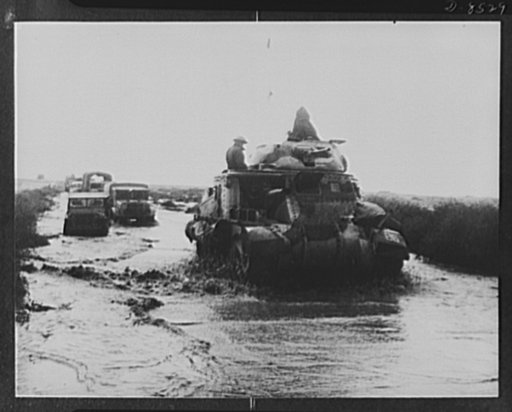 Allies advance in Libya. At the height of the Allied pursuit of the Axis forces heavy rain fell in the Western Desert turning the sand and dust into mud and flooding low-lying parts. It made things difficult for the Axis, but even more so for the British troops, like these General Grant tanks plough