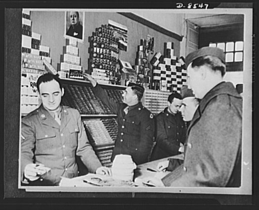One year of reciprocal aid. American soldiers can obtain British and American goods in commissary sale stores (better known as post exchanges) throughout the United Kingdom. All the British made foods, including some items as candy chocolate, medicaments and note paper, are given cash-free as recipr
