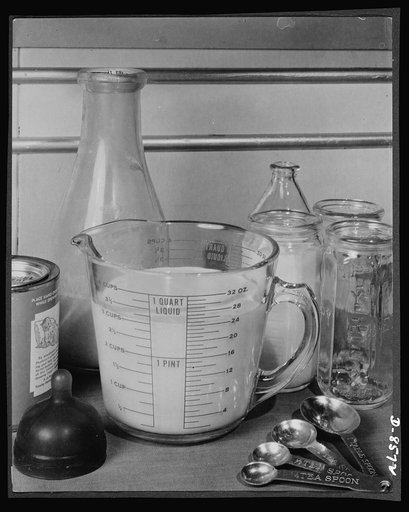 Substitute materials. Glass utensils. New type glass measuring cups have easy-to-read markings. The quart measuring cup shown here makes simple the job of preparing baby's formula or cooking recipes