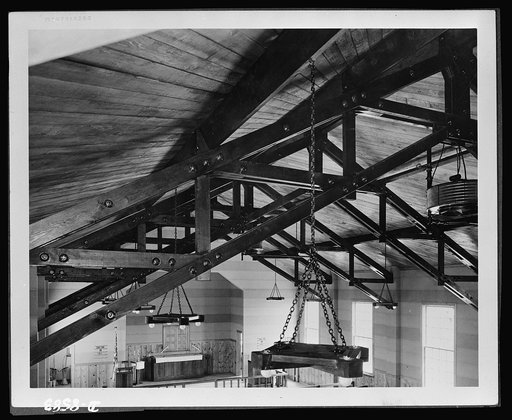 Substitute materials. Timber connectors. Use of wood in the construction of Army chapels is shown here, one of 570 similar structures erected since last fall. All of them were built with wood trusses like these or with glued laminated wood arches, saving many tons of structural steel for more strate