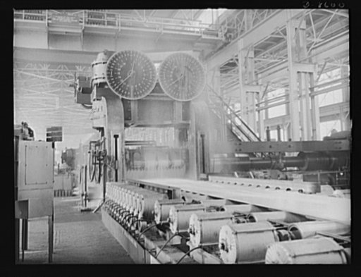 Production. Aluminum. Aluminum plates stretch out on this hot roller which produces sheets of various gauges and thickness. The hot-rolling operation forces aluminum through a series of consecutively thinner slits