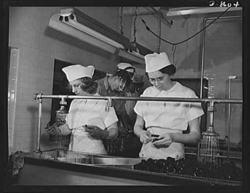 Production. Blood transfusion bottles. Assembling rubber closures for blood transfusion bottles. Nancy Synnestvedt (left), and Marjorie Holms, mother of a two-year-old child, are just a few of the many women performing vital war work at Baxter Laboratories, Glenview, Illinois