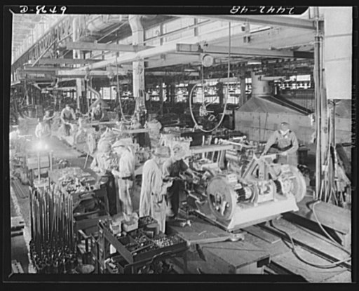 Conversion. Farm implements to cargo winches. Steam cargo winches for the Maritime Commission roll off the assembly line of a converted Midwestern plant which formerly produced power farming implements