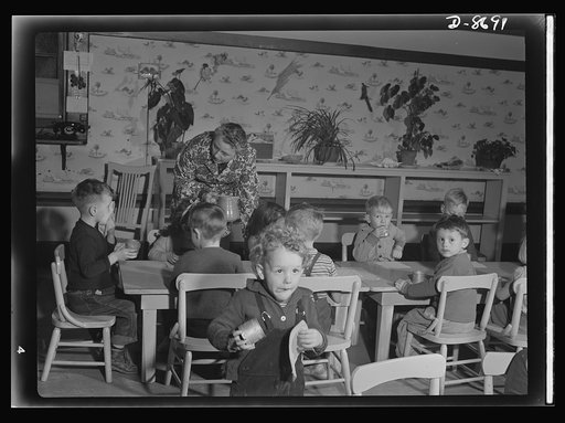 War workers' nursery. A mid-morning tomato juice is thoroughly appreciated by these war workers' children who attend an Oakland, California nursery school