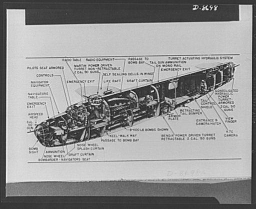 B-24 Liberator bomber and C-87 Liberator Express. Cut-away diagram of the powerful B-24 Liberator bomber. It is a four-engine, long-range bomber and carries a crew of six to eight men. The B-24 has been one of the most active planes in bombing missions in all the war theatres and was instrumental in
