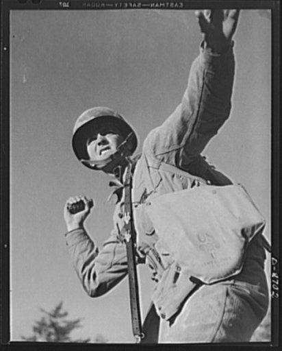 Fort Belvoir, Virginia. Grenade throwers. A package for Hitler. An infantryman in training at Fort Belvoir, Virginia prepares to hurl a pineapple of the inedible variety. American soldiers make good grenade throwers