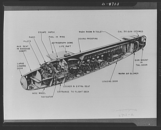 B-24 Liberator Bomber and C-87 Liberator Express. Cross-section of the C-87 Liberator Express shows the transport as an adaptation of the B-24 Liberator bomber. In the Liberator Express, the fuselage is stripped, the nose is closed, turrets are eliminated and a large loading door installed. It has a
