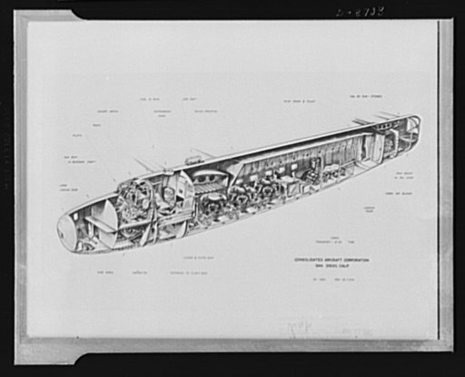 B-24 Liberator Bomber and C-87 Liberator Express. Cross-section of the C-87 Liberator Express shows the transport as an adaptation of the B-24 Liberator bomber. In the Liberator Express, the fuselage is stripped, the nose is closed, turrets are eliminated and a large loading door installed. It has a