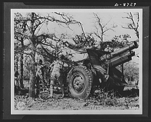 Fort Sill, Oklahoma, 1943. 155 mm. howitzer. The 155 mm. howitzer, firing on the Fort Sill, Oklahoma artillery range, provides a mass of heavy, high-angle firepower