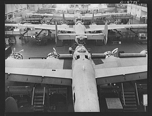 Production. B-24E (Liberator) bombers at Willow Run. One of the assembly lines at Ford's big Willow Run plant. The Liberator is capable of operation at high altitudes and over great ranges on precision bombing missions. It has proved itself an excellent performer in the Pacific, in Northern Africa, 