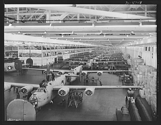 Production. B-24E (Liberator) bombers at Willow Run. Looking up one of the assembly lines at Ford's big Willow Run plant, where B-24E (Liberator) bombers are being made in great numbers. The Liberator is capable of operation at high altitudes and over great ranges on precision bombing missions. It h