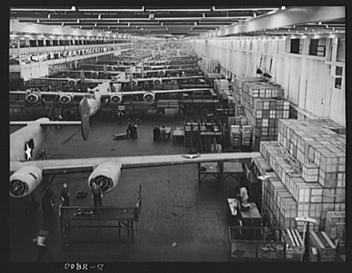 Production. B-24E (Liberator) bombers at Willow Run. Looking up one of the assembly lines at Ford's big Willow Run plant, where B-24E (Liberator) bombers are being made in great numbers. The Liberator is capable of operation at high altitudes and over great ranges on precision bombing missions. It h