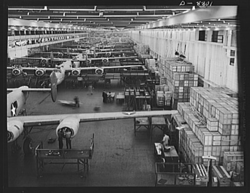 Production. B-24E (Liberator) bombers at Willow Run. Looking up one of the assembly lines at Ford's big Willow Run plant, where B-24E (Liberator) bombers are being made in great numbers. The Liberator is capable of operation at high altitudes and over great ranges on precision bombing missions. It h