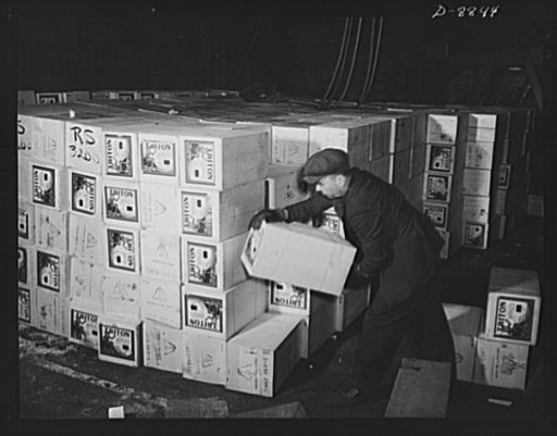 Transportation. Lend-lease shipments. Cases of dried apples, part of a lend-lease shipment, move from a pier to a United Nations freighter that will carry them together with other vital necessities to one of our allies