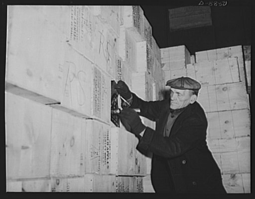 Transportation. Lend-lease shipments. Cases of dried California peaches, part of a lend-lease shipment, move from a pier to a United Nations freighter that will carry them together with other vital necessities to one of our allies