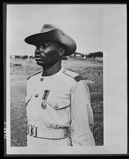 Decorated for gallantry in action. Private Bukaro Frafra, Gold Coast Regiment, Royal West African Frontier Force, who has been awarded the Imperial Distinguished Conduct Medal for gallantry in the East African campaign. In April, 1941, as a member of a patrol sent out to find its way over a ravine a