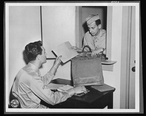 V-mail. In the V-mail room at the Pentagon building, Washington, D.C., an armed courier delivers letters for filming and reproducing at the official photo mail station. V-mail is available to and from the armed forces stationed outside the United States. It is only 1/65th the weight of ordinary mail