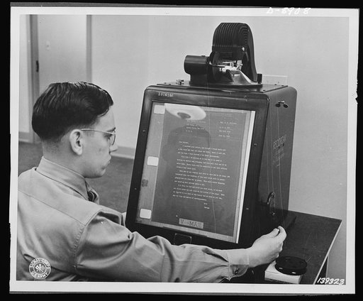 V-mail. V-mail is inspected for flaws on an enlarging "reader" at the Pentagon building, Washington, D.C.  V-mail is available to and from the armed forces stationed outside the United States. It is only 1/65th the weight of ordinary mail and saves ninety-eight percent of the cargo space required fo